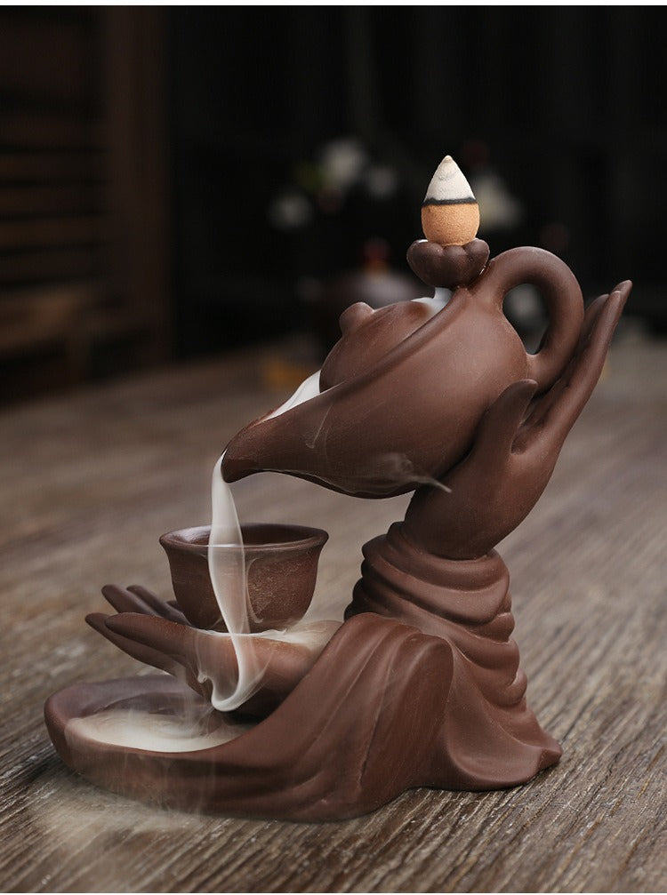 MysteryTao Ceramic Buddha Hand Teapot Backflow Incense Burner | Zen Waterfall Smoke Decor