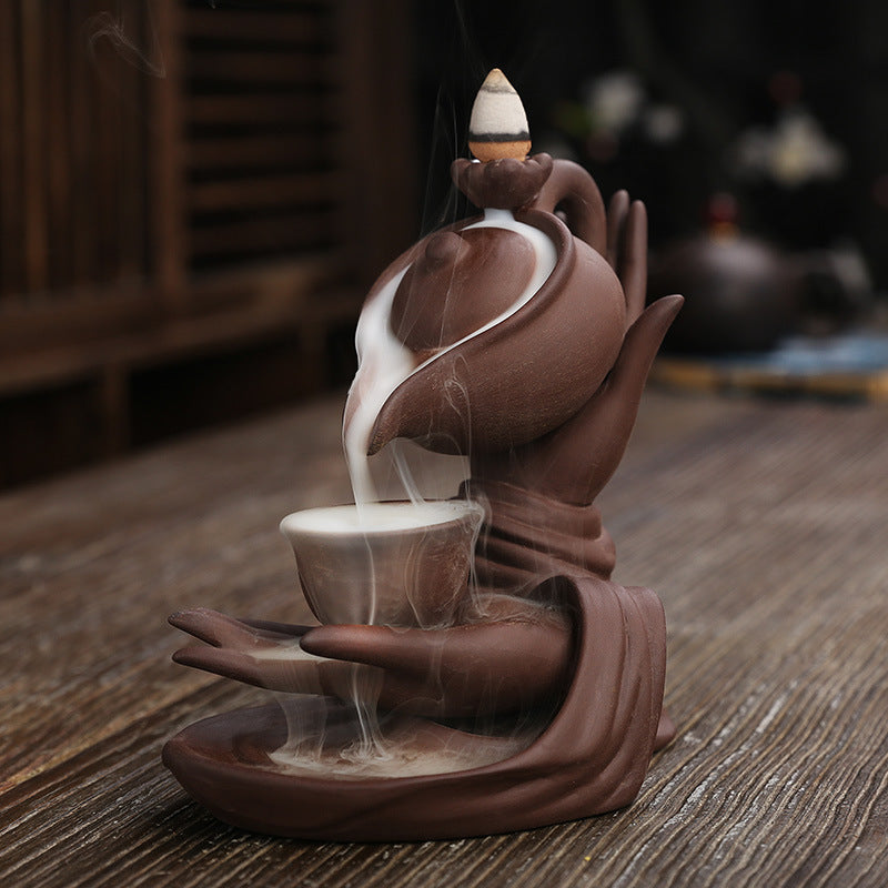 MysteryTao Ceramic Buddha Hand Teapot Backflow Incense Burner | Zen Waterfall Smoke Decor
