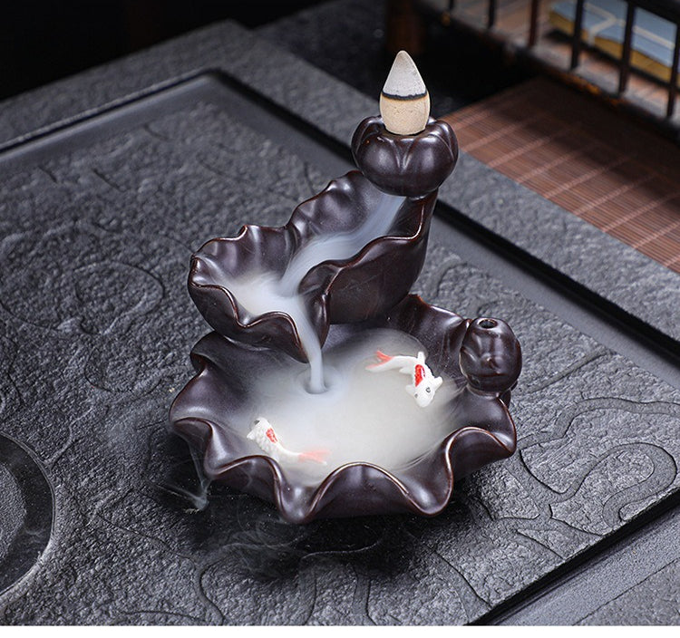 Mystery Backflow Incense Burner with Koi Fishing & Lotus Zen Ornaments, Meditation Items to Enhance Family Feng Shui
