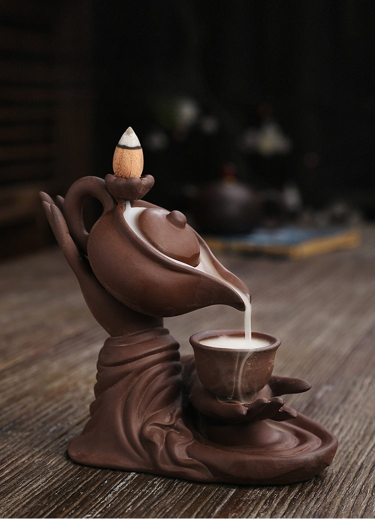 MysteryTao Ceramic Buddha Hand Teapot Backflow Incense Burner | Zen Waterfall Smoke Decor