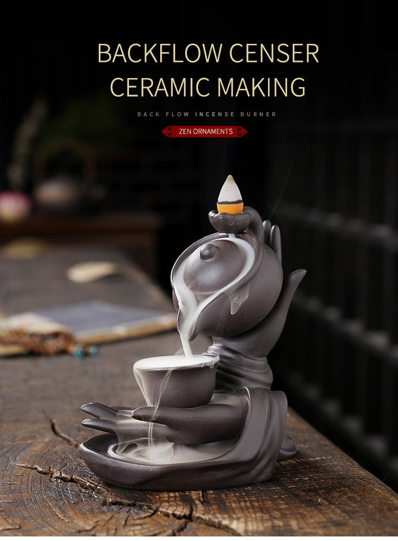 MysteryTao Ceramic Buddha Hand Teapot Backflow Incense Burner | Zen Waterfall Smoke Decor