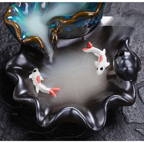 Mystery Backflow Incense Burner with Koi Fishing & Lotus Zen Ornaments, Meditation Items to Enhance Family Feng Shui