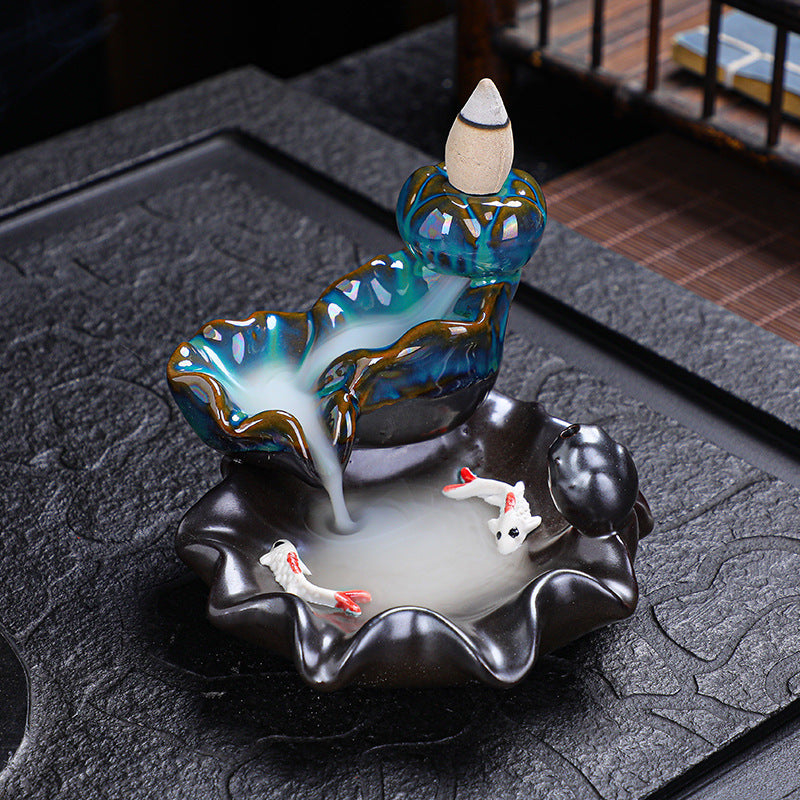 Mystery Backflow Incense Burner with Koi Fishing & Lotus Zen Ornaments, Meditation Items to Enhance Family Feng Shui