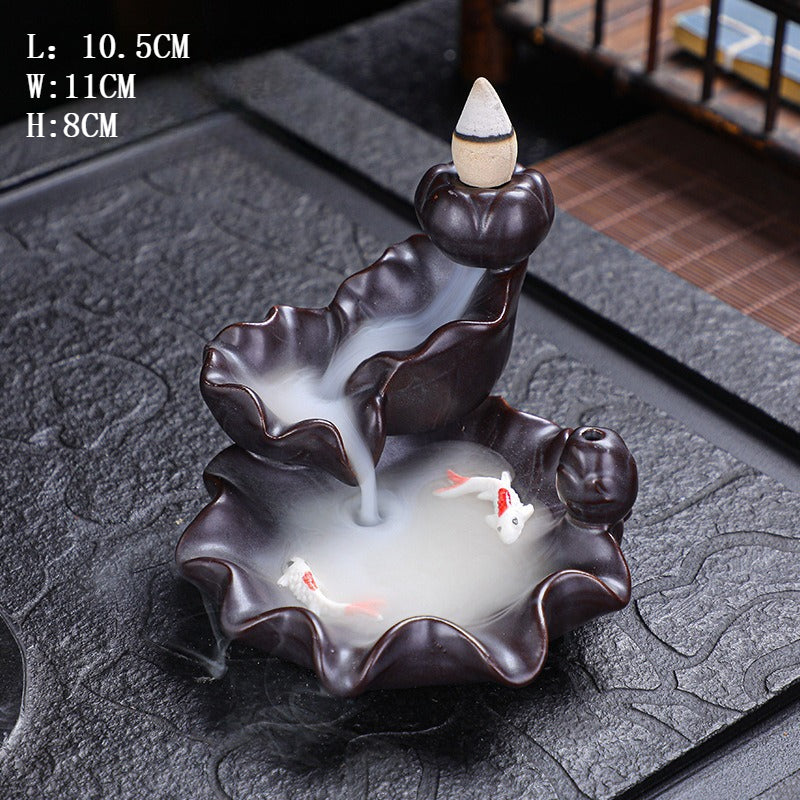 Mystery Backflow Incense Burner with Koi Fishing & Lotus Zen Ornaments, Meditation Items to Enhance Family Feng Shui