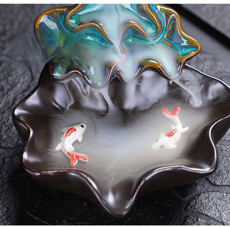 Mystery Backflow Incense Burner with Koi Fishing & Lotus Zen Ornaments, Meditation Items to Enhance Family Feng Shui