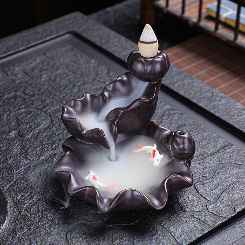 Mystery Backflow Incense Burner with Koi Fishing & Lotus Zen Ornaments, Meditation Items to Enhance Family Feng Shui