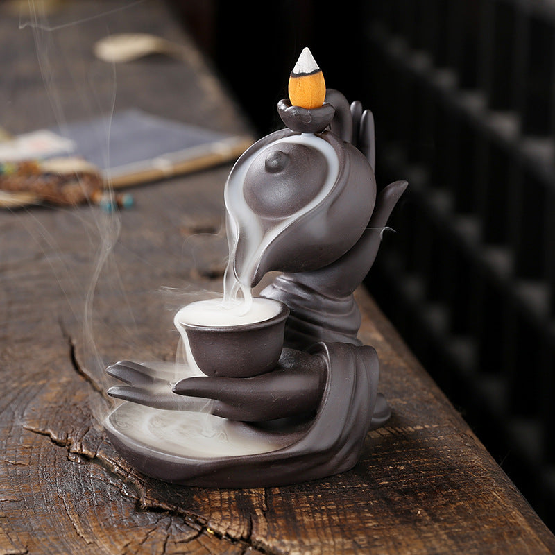 MysteryTao Ceramic Buddha Hand Teapot Backflow Incense Burner | Zen Waterfall Smoke Decor