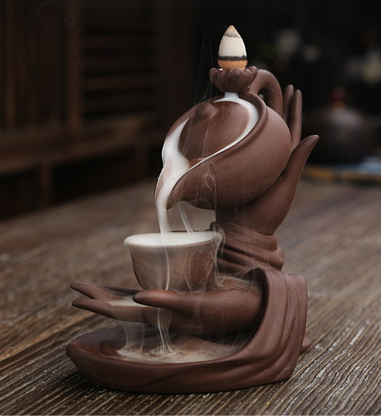 MysteryTao Ceramic Buddha Hand Teapot Backflow Incense Burner | Zen Waterfall Smoke Decor