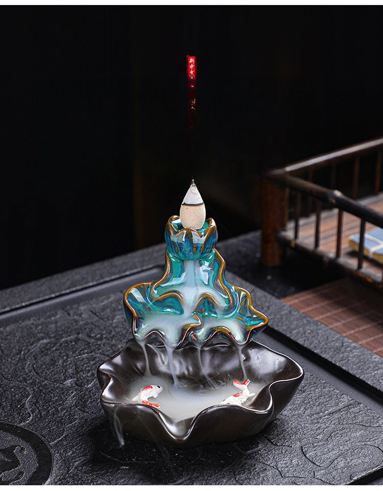 Mystery Backflow Incense Burner with Koi Fishing & Lotus Zen Ornaments, Meditation Items to Enhance Family Feng Shui