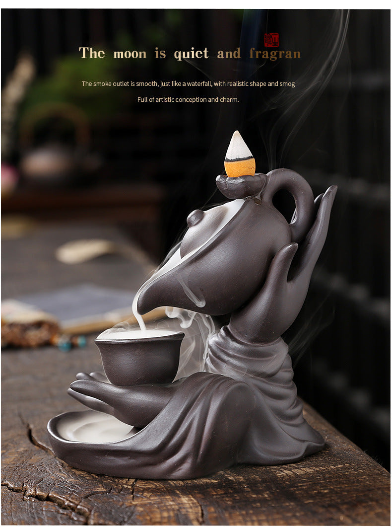 MysteryTao Ceramic Buddha Hand Teapot Backflow Incense Burner | Zen Waterfall Smoke Decor